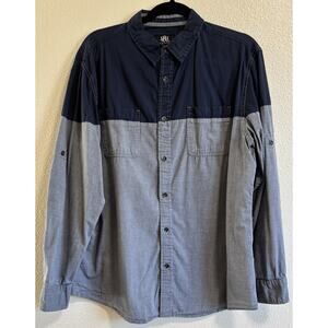 Rock & Republic Mens Sz L Button Up Shirt Blue Color Block Roll Tab Western Farm